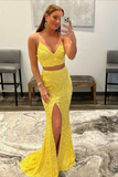 Two Piece Mermaid Orange Sequins Long Prom Formal Dress HZ0527