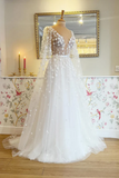 3D Flowers See Through Bodice Bridal Gown V Neck Wedding Dress with Detachable Sleeves HZ0527