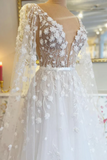 3D Flowers See Through Bodice Bridal Gown V Neck Wedding Dress with Detachable Sleeves HZ0527