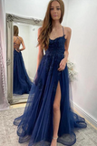 A Line Backless Navy Blue Lace Long Prom Dress with High Slit, Navy Blue Lace Formal Graduation Evening Dress HZ0527