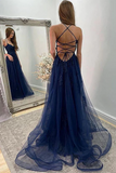 A Line Backless Navy Blue Lace Long Prom Dress with High Slit, Navy Blue Lace Formal Graduation Evening Dress HZ0527