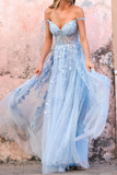 Off Shoulder Light Blue Lace Long Prom Dress, Light Blue Lace Formal Dress HZ0527