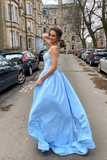Sky Blue Satin A line Sweetheart Lace Appliques Prom Dresses, Evening Gown HZ0527