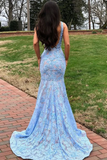 Open Back V Neck Mermaid Blue Lace Long Prom Dress, Evening Dress HZ0527