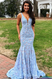 Open Back V Neck Mermaid Blue Lace Long Prom Dress, Evening Dress HZ0527