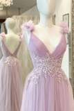 A Line V Neck Lilac Lace Long Prom Dress, Formal Dress HZ0527