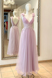 A Line V Neck Lilac Lace Long Prom Dress, Formal Dress HZ0527