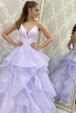 Sparkly Purple Tulle A Line V Neck Long Prom Dresses, Evening Gowns HZ0527