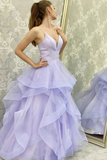 Sparkly Purple Tulle A Line V Neck Long Prom Dresses, Evening Gowns HZ0527