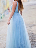 Shiny Light Blue V Neck Long Tulle Prom Dress For Teens HZ0527