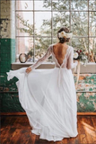 Chiffon A Line Long Sleeves Open Back Lace Wedding Dress, Bridal Dress HZ0527