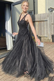 A Line V Neck Black Tulle Prom Dress Black Formal Dress HZ0527