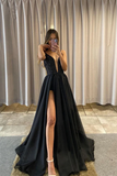 Classic Detachable A Line V Neck Sequins Black Tulle Prom Formal Gown HZ0527
