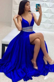 Two Pieces V Neck Royal Blue Long Prom Dresses with Belt HZ0527
