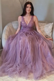 Mauve Tulle A Line Lace V Neck Floor Length Prom Dresses, Evening Dress HZ0527