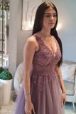 Mauve Tulle A Line Lace V Neck Floor Length Prom Dresses, Evening Dress HZ0527