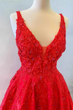 V Neck Open Back Red Lace Long Prom Dress, Red Lace Formal Dress, Beaded Red Evening Dress HZ0527