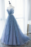 Shiny Tulle V Neck Blue Long Prom Dress, Blue Tulle Formal Evening Dress, Blue Ball Gown HZ0527