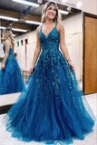 Blue Tulle A Line V Neck Lace Appliques Long Prom Dresses, Evening Gown HZ0527