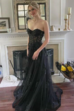 Strapless Black Lace Tulle Long Prom Dress, Black Lace Formal Dress, Long Black Evening Dress HZ0527