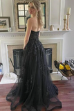 Strapless Black Lace Tulle Long Prom Dress, Black Lace Formal Dress, Long Black Evening Dress HZ0527