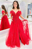 V Neck Off Shoulder Red Lace Long Prom Dress with High Slit, Red Lace Formal Dress, Red Evening Dress HZ0527