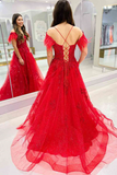 V Neck Off Shoulder Red Lace Long Prom Dress with High Slit, Red Lace Formal Dress, Red Evening Dress HZ0527