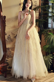 Shiny A Line Champagne Tulle Long Prom Dress, Layered Formal Graduation Evening Dress HZ0527