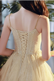 Shiny A Line Champagne Tulle Long Prom Dress, Layered Formal Graduation Evening Dress HZ0527