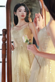 Shiny A Line Champagne Tulle Long Prom Dress, Layered Formal Graduation Evening Dress HZ0527