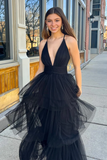 A Line V Neck Black Tulle Layered Long Prom Dress, V Neck Black Formal Dress HZ0527