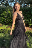 A Line V Neck Black Tulle Layered Long Prom Dress, V Neck Black Formal Dress HZ0527