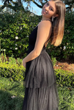 A Line V Neck Black Tulle Layered Long Prom Dress, V Neck Black Formal Dress HZ0527