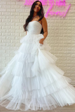 White Strapless Tiered A Line Long Prom Dress With Ruffles HZ0527