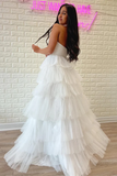 White Strapless Tiered A Line Long Prom Dress With Ruffles HZ0527