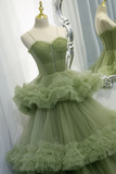 Elegant Straps Pleated Green Tiered Tulle Prom Formal Dress HZ0527