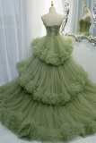 Elegant Straps Pleated Green Tiered Tulle Prom Formal Dress HZ0527