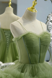 Elegant Straps Pleated Green Tiered Tulle Prom Formal Dress HZ0527