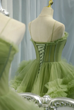 Elegant Straps Pleated Green Tiered Tulle Prom Formal Dress HZ0527