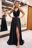 Black Satin A Line V Neck Prom Dresses With Lace, Split Evening Gowns HZ0527