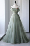 Off Shoulder Green Tulle Floral Long Prom Dresses, Green Evening Dresses with 3D Flowers HZ0527