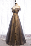 Gray Scoop Tulle Sequins Long Prom Dress, A Line Evening Party Dress HZ0527