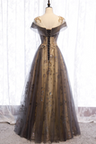 Gray Scoop Tulle Sequins Long Prom Dress, A Line Evening Party Dress HZ0527