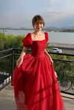 Red Tulle Long A Line Prom Dress, Cute Short Sleeve Graduation Dress HZ0527