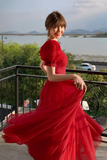 Red Tulle Long A Line Prom Dress, Cute Short Sleeve Graduation Dress HZ0527
