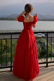 Red Tulle Long A Line Prom Dress, Cute Short Sleeve Graduation Dress HZ0527