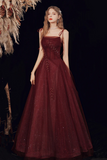 Burgundy A Line Shiny Tulle Long Prom Dress, Lovely Lace Up Graduation Dress HZ0527