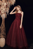 Burgundy A Line Shiny Tulle Long Prom Dress, Lovely Lace Up Graduation Dress HZ0527