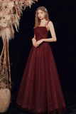 Burgundy A Line Shiny Tulle Long Prom Dress, Lovely Lace Up Graduation Dress HZ0527
