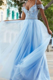 A Line Tulle Sky Blue Crystals Beaded Prom Dress, Party Gown HZ0527